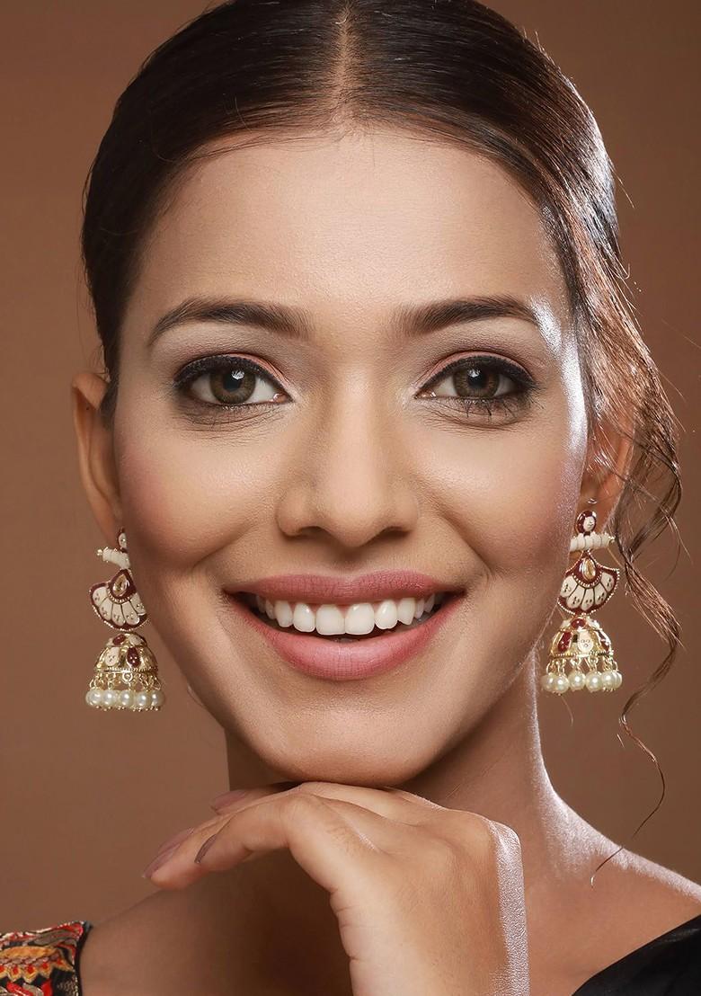 Gold Plated Beaded Dome Shaped Meenakari Jhumkas