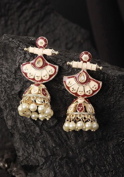 Gold Plated Beaded Dome Shaped Meenakari Jhumkas