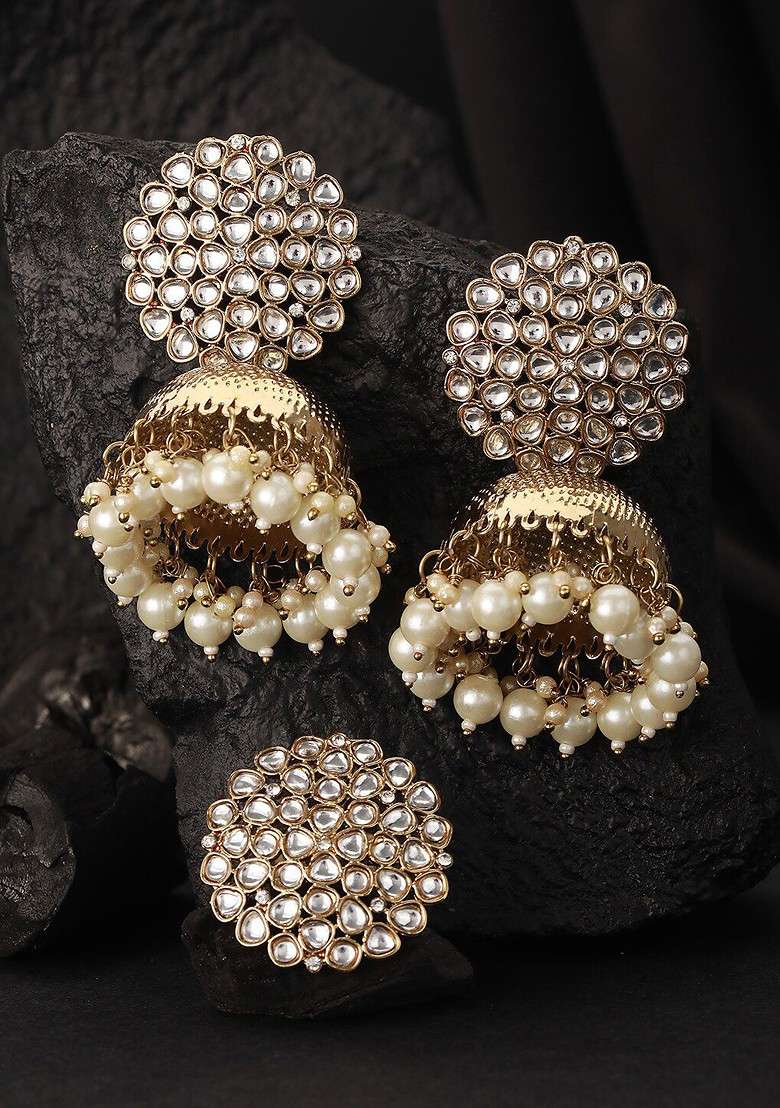 Gold Plated Kundan Studded Dome Shaped Jhumkas - Indya