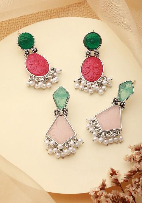Set Of 2 Silver Plated Beaded Drop Earrings