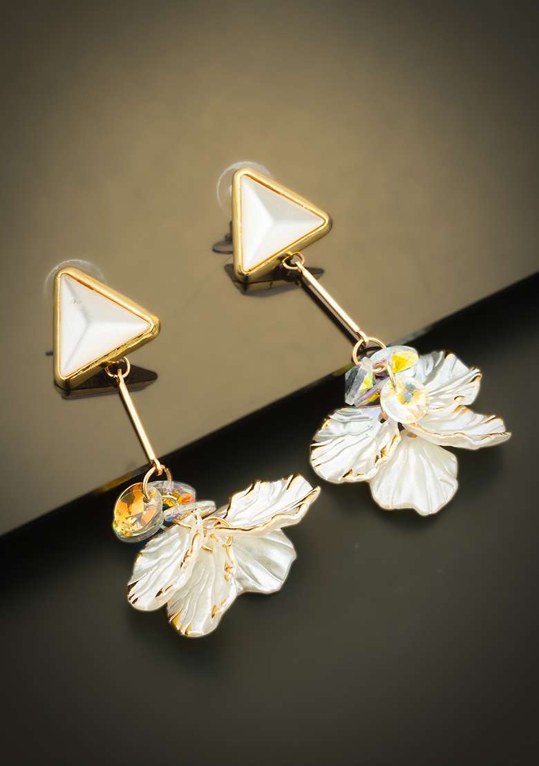 White Gold Plated Pearl Dangle Earrigns - Indya
