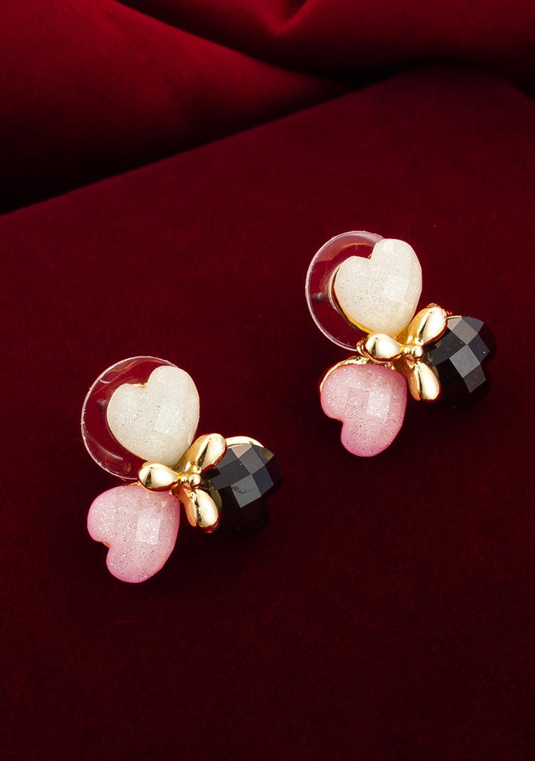 Pink White And Black Gold Plated Artificial Stone Stud Earrings