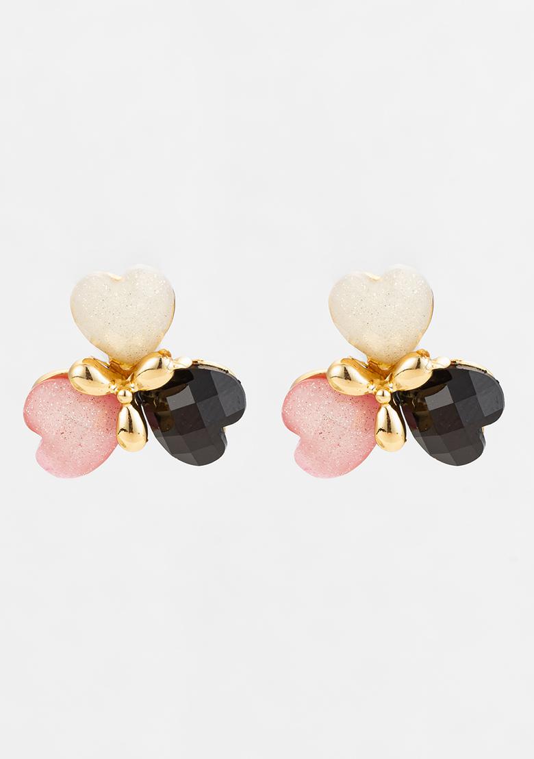 Pink White And Black Gold Plated Artificial Stone Stud Earrings