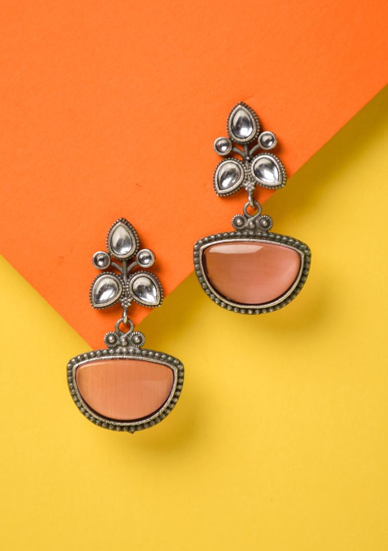 Silver Oxidised Finish Ad Stone Drop Earring  