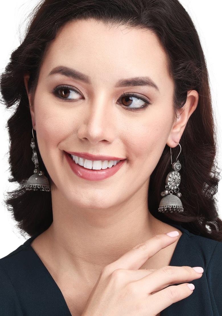 Silver Oxidised Finish Jhumka With Ad Stone