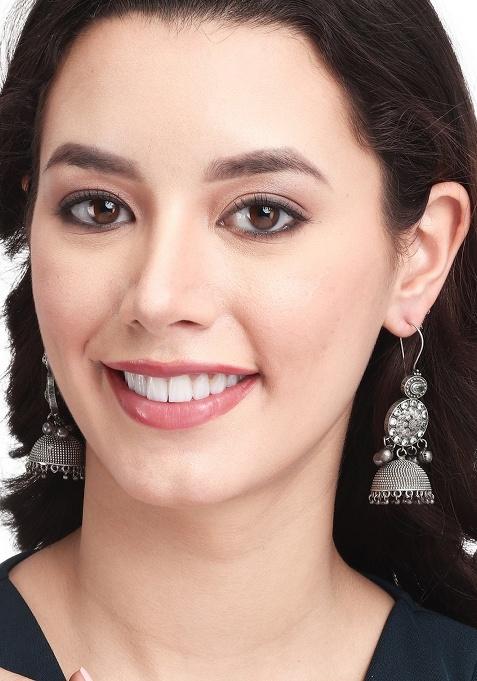 Silver Oxidised Finish Jhumka With Ad Stone