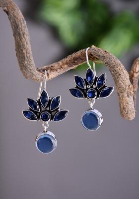 Silver Oxidized Lotus Drop Earrings Mint  