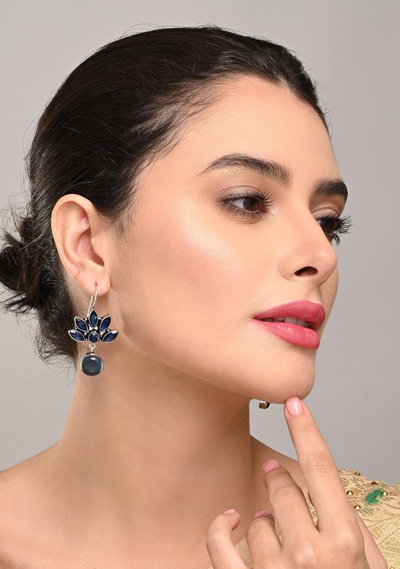 Silver Oxidized Lotus Drop Earrings Mint  