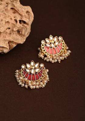 Gold Plated Brass Half Moon Studs With Meenakari Green  