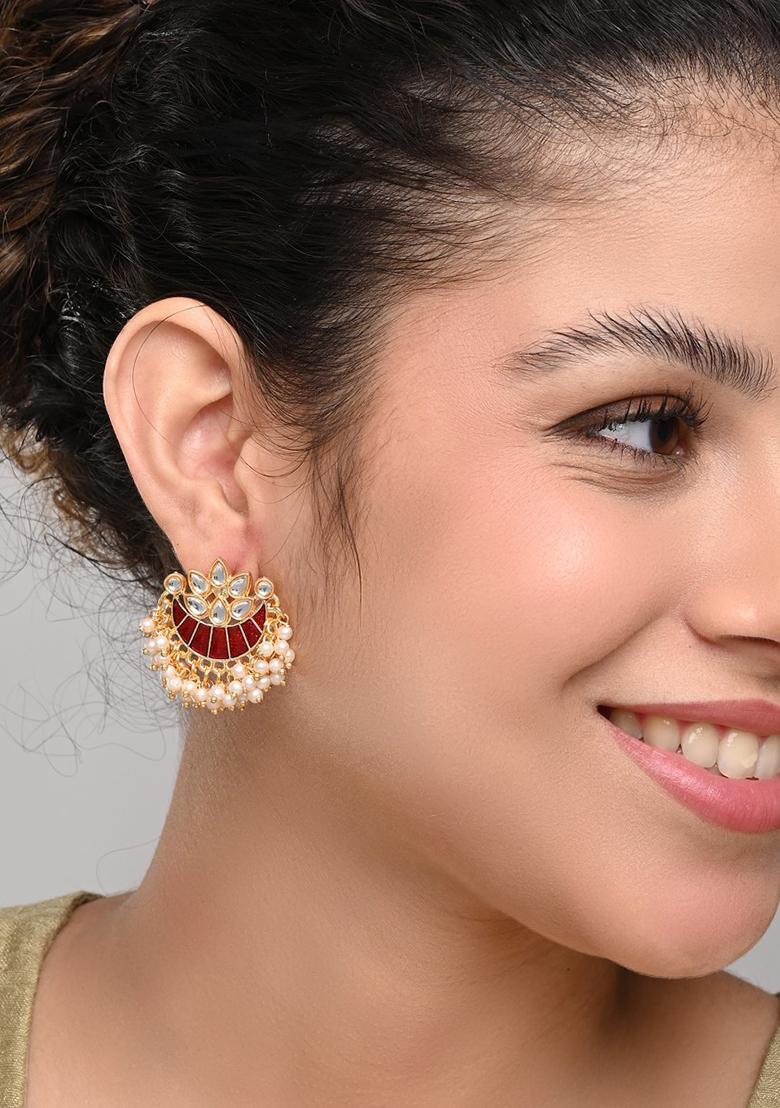 Gold Plated Brass Half Moon Studs With Meenakari Green  