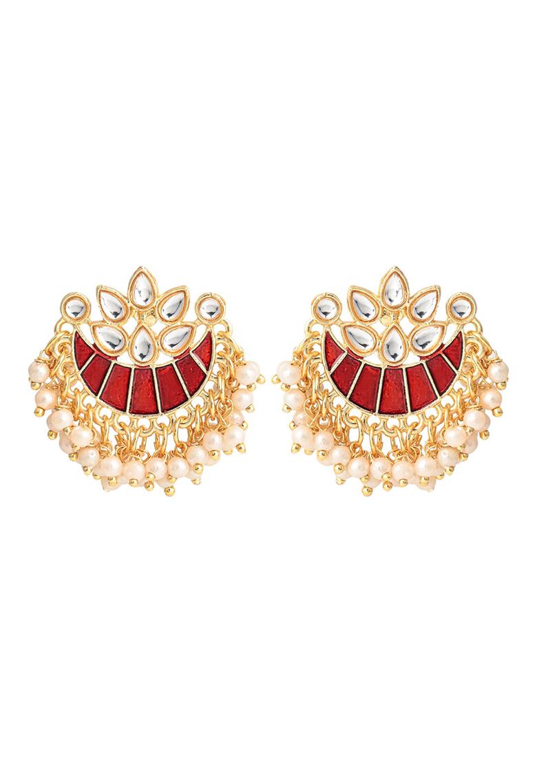 Gold Plated Brass Half Moon Studs With Meenakari Green  