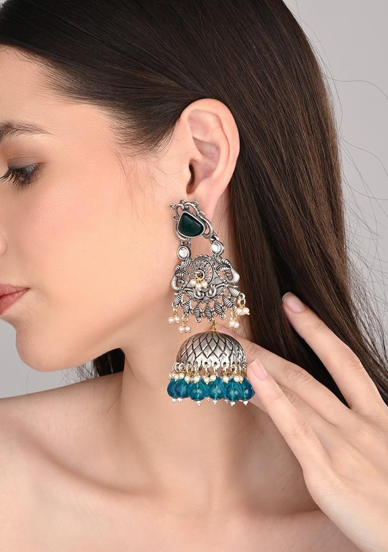 Silver Oxydised Lightweight Long Jhumka Earring Pink  