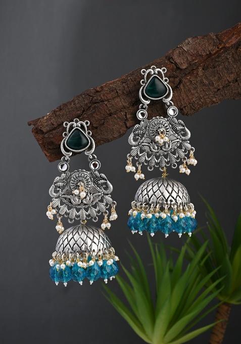 Silver Oxydised Lightweight Long Jhumka Earring Pink  