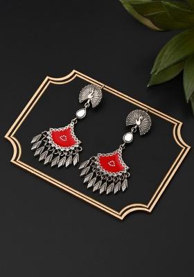 Silver Oxidised Finish Green Hand Painted Drop Earring   1