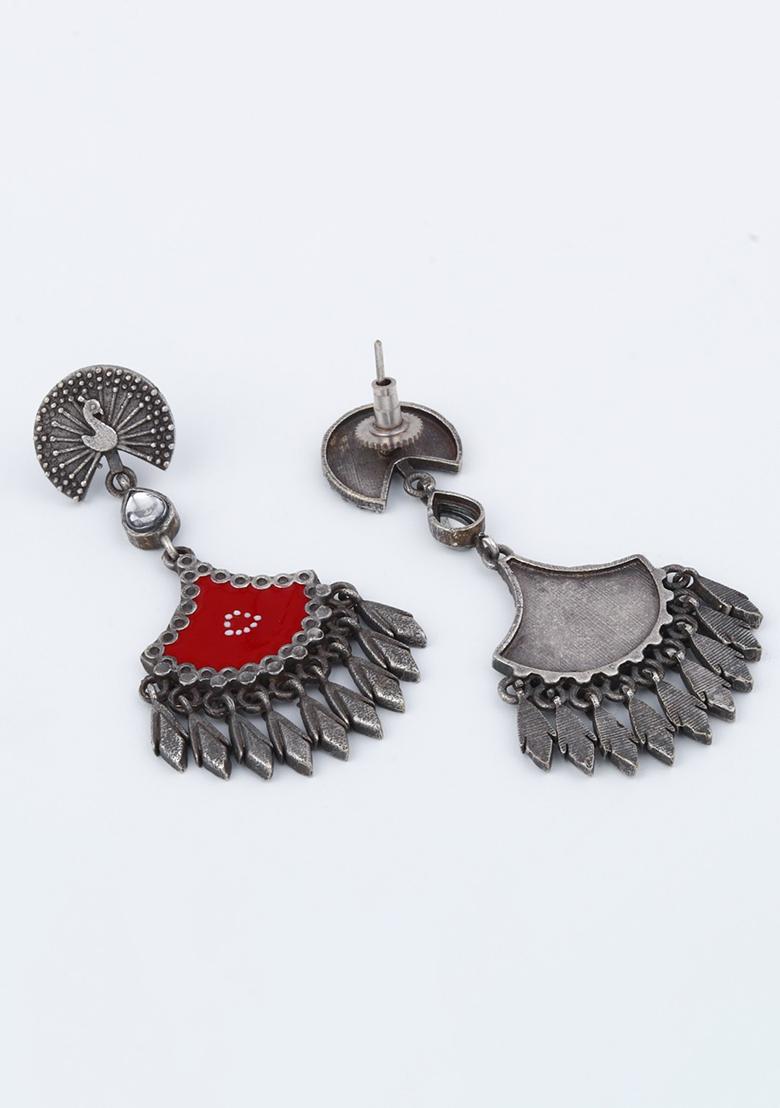 Silver Oxidised Finish Green Hand Painted Drop Earring   1