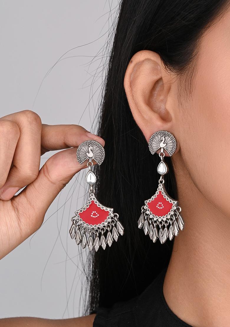 Silver Oxidised Finish Green Hand Painted Drop Earring   1