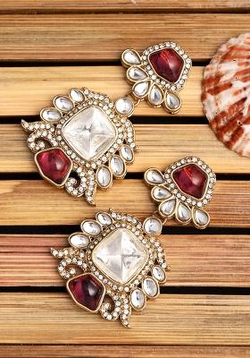Gold Plated Kundan Drop Earrings Gold   1