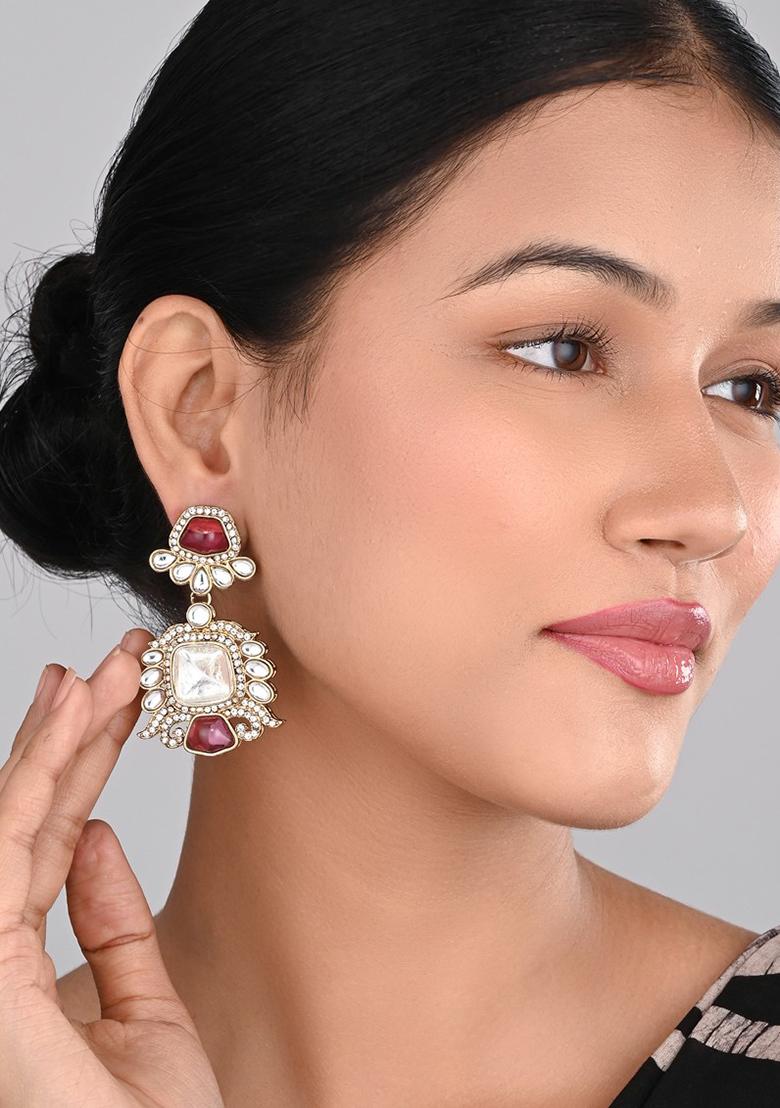 Gold Plated Kundan Drop Earrings Gold   1