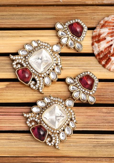 Gold Plated Kundan Drop Earrings Gold   1