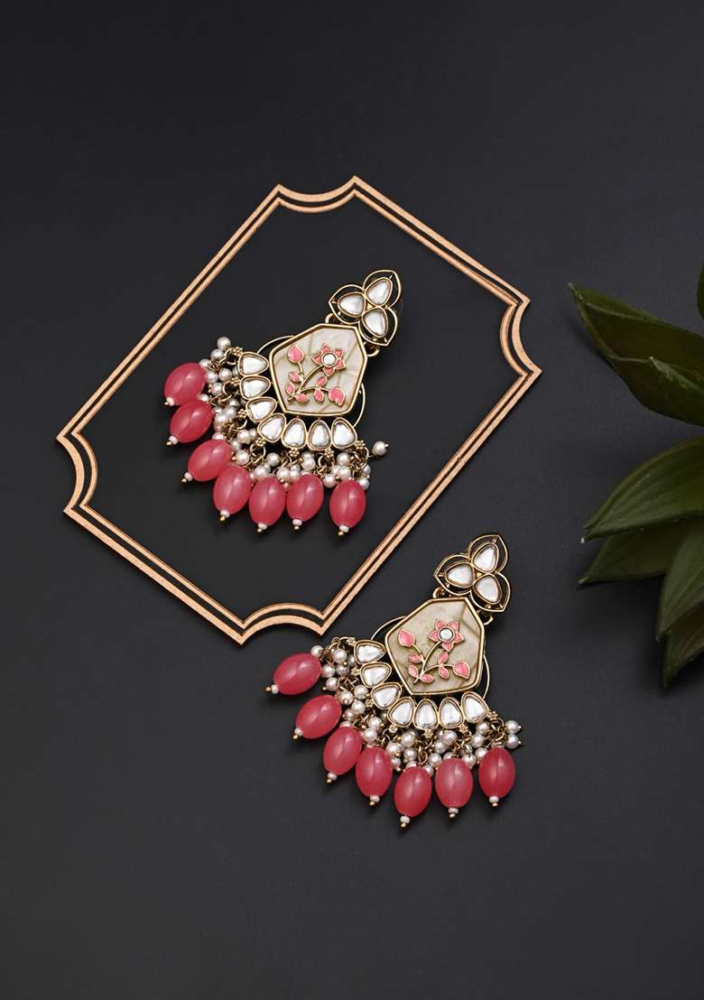 Contemporary Kundan Mop Meenakari Chandbali Earring   - Indya