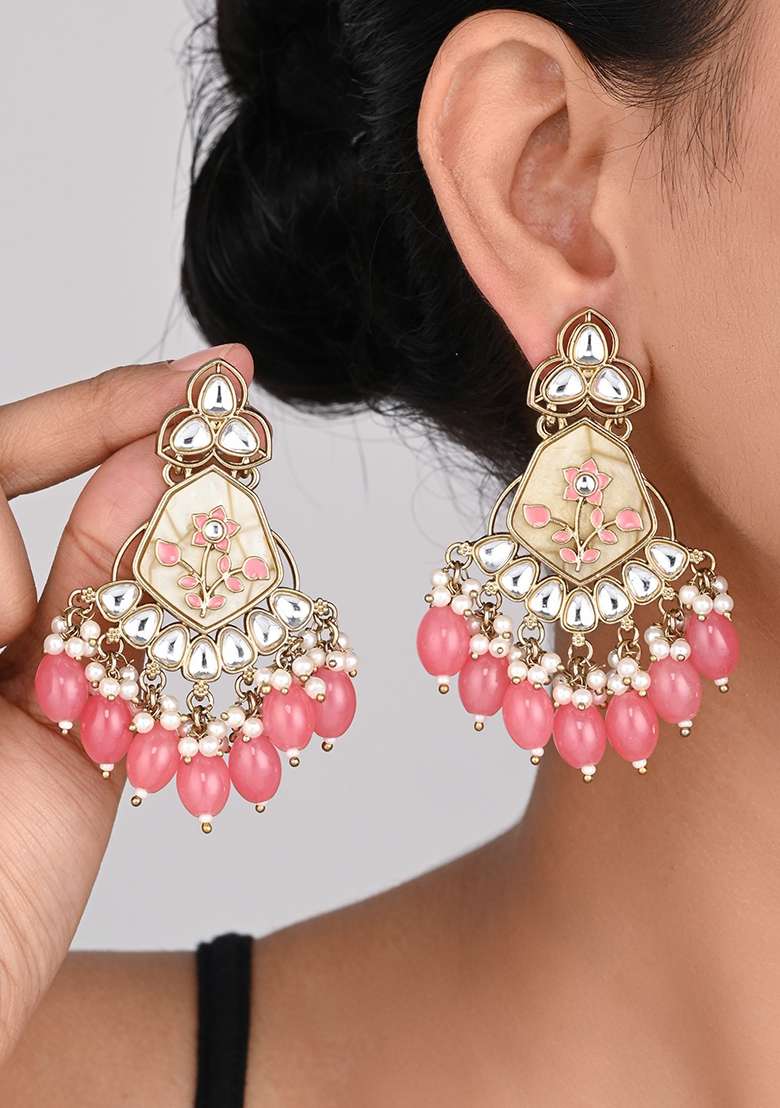 Contemporary Kundan Mop Meenakari Chandbali Earring   - Indya