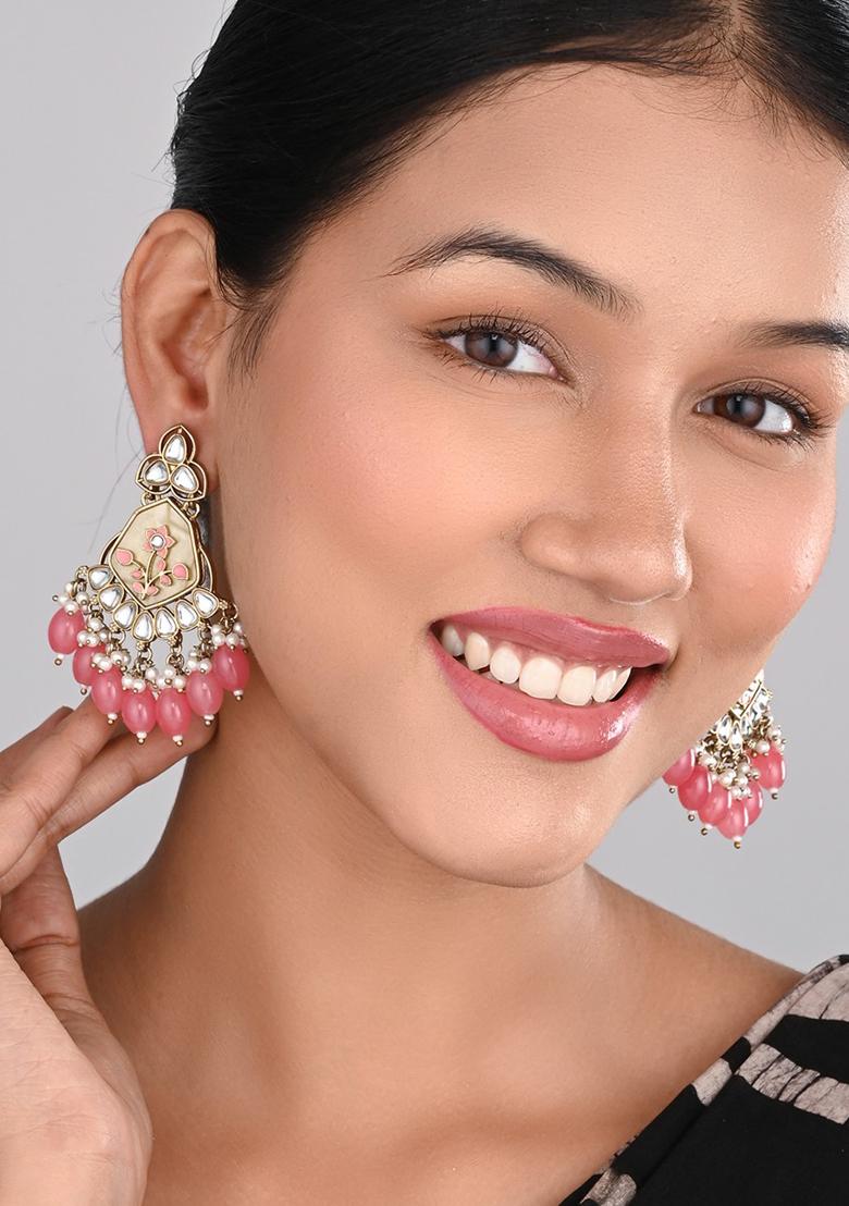 Contemporary Kundan Mop Meenakari Chandbali Earring  