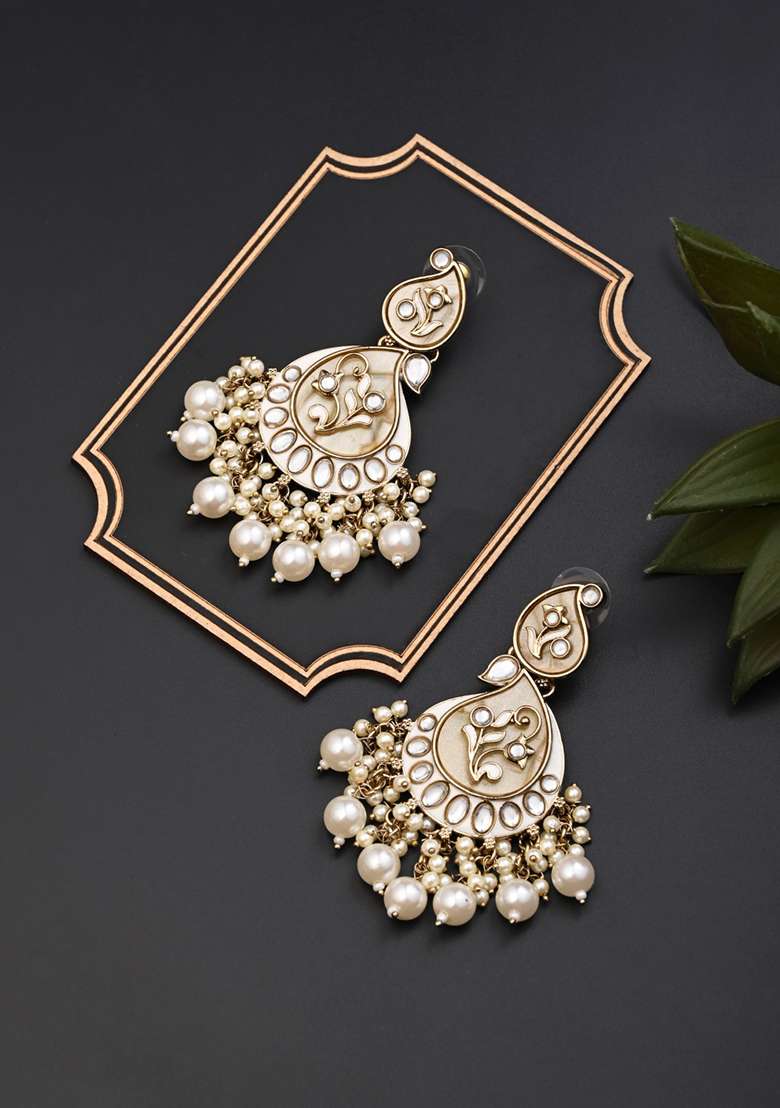 Contemporary Kundan Mop Meenakari Chandbali Earring Coral   - Indya