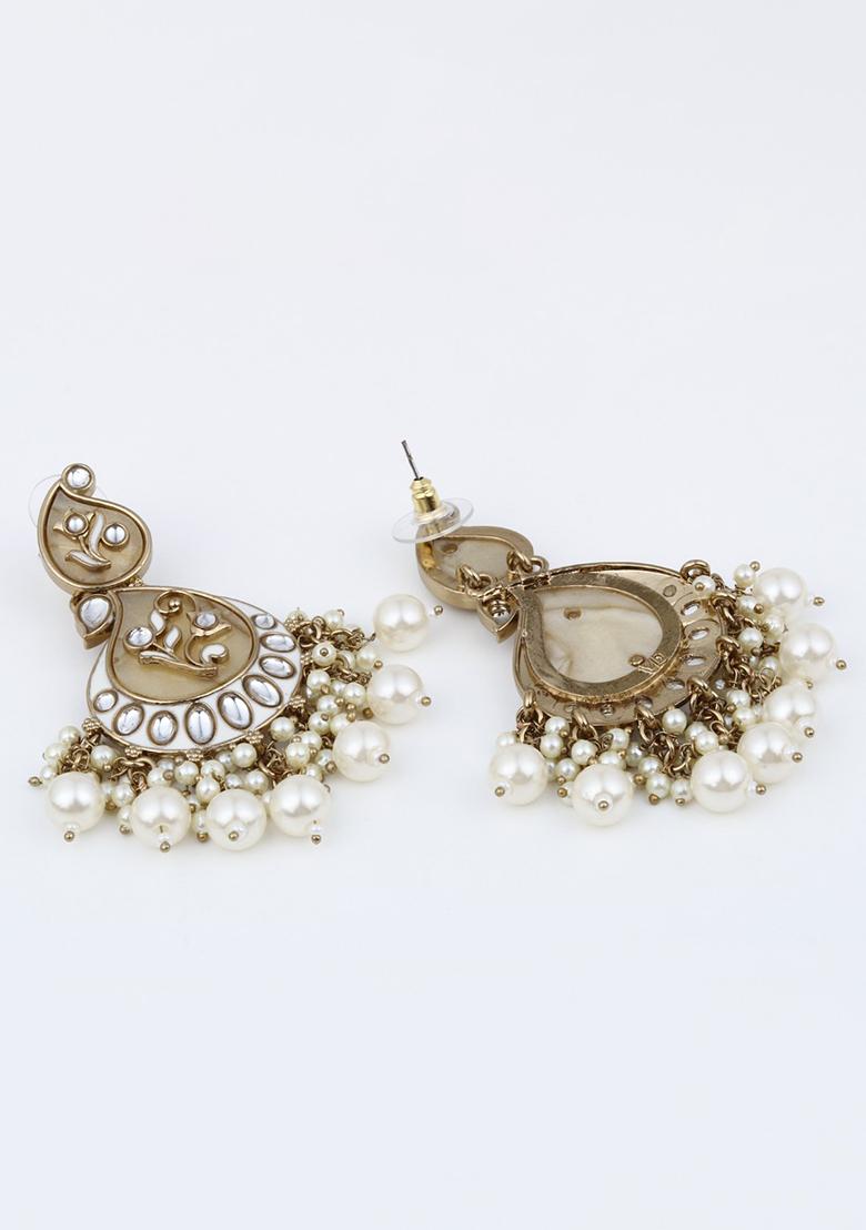 Contemporary Kundan Mop Meenakari Chandbali Earring Coral  