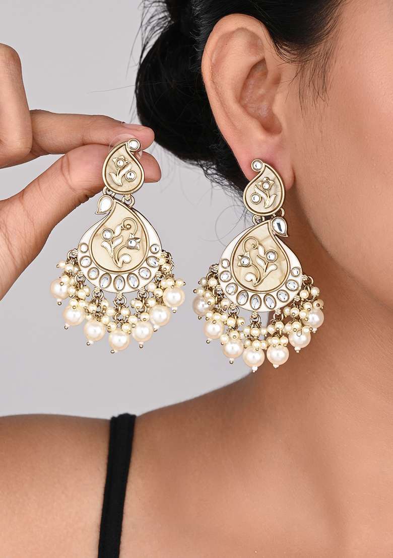 Contemporary Kundan Mop Meenakari Chandbali Earring Coral   - Indya