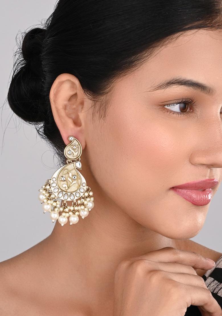 Contemporary Kundan Mop Meenakari Chandbali Earring Coral  