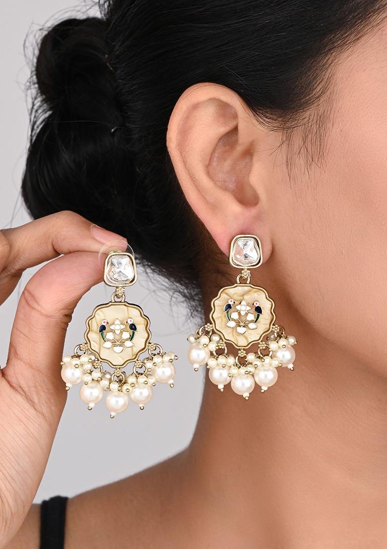Contemporary Kundan Mop Meenakari Drop Earring