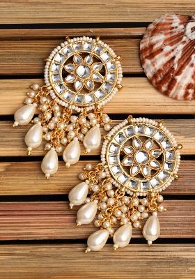 Meenakari Kundan Drop Earring Gold White  