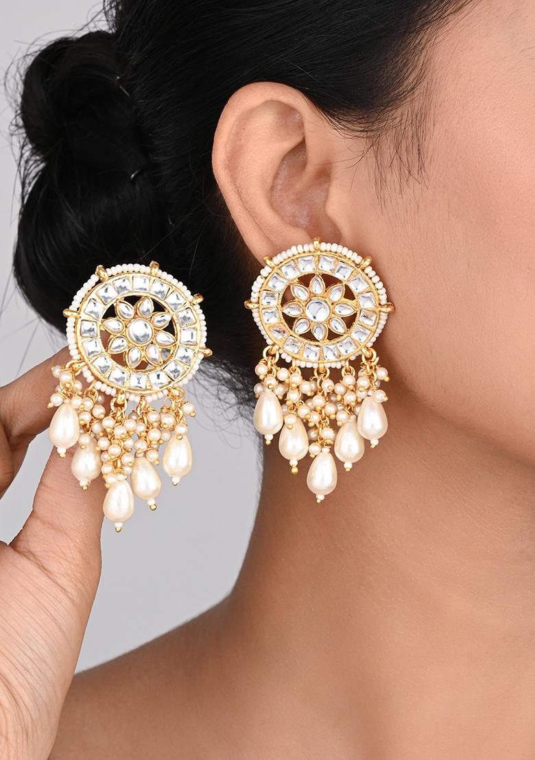 Meenakari Kundan Drop Earring Gold White  
