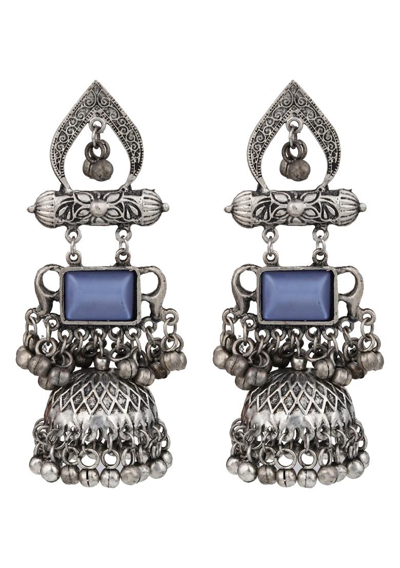 Silver Oxydised Lightweight Long Jhumka Earring Green   1