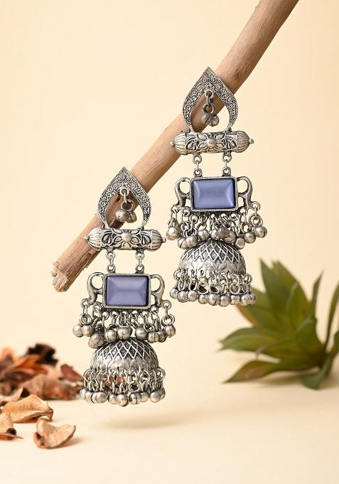 Silver Oxydised Lightweight Long Jhumka Earring Green   1