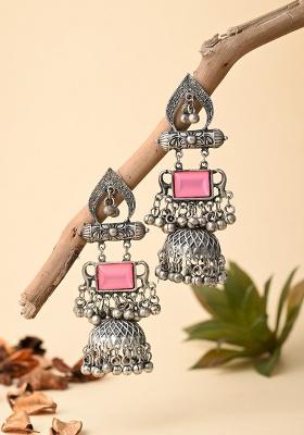 Silver Oxydised Lightweight Long Jhumka With Blue Stone  