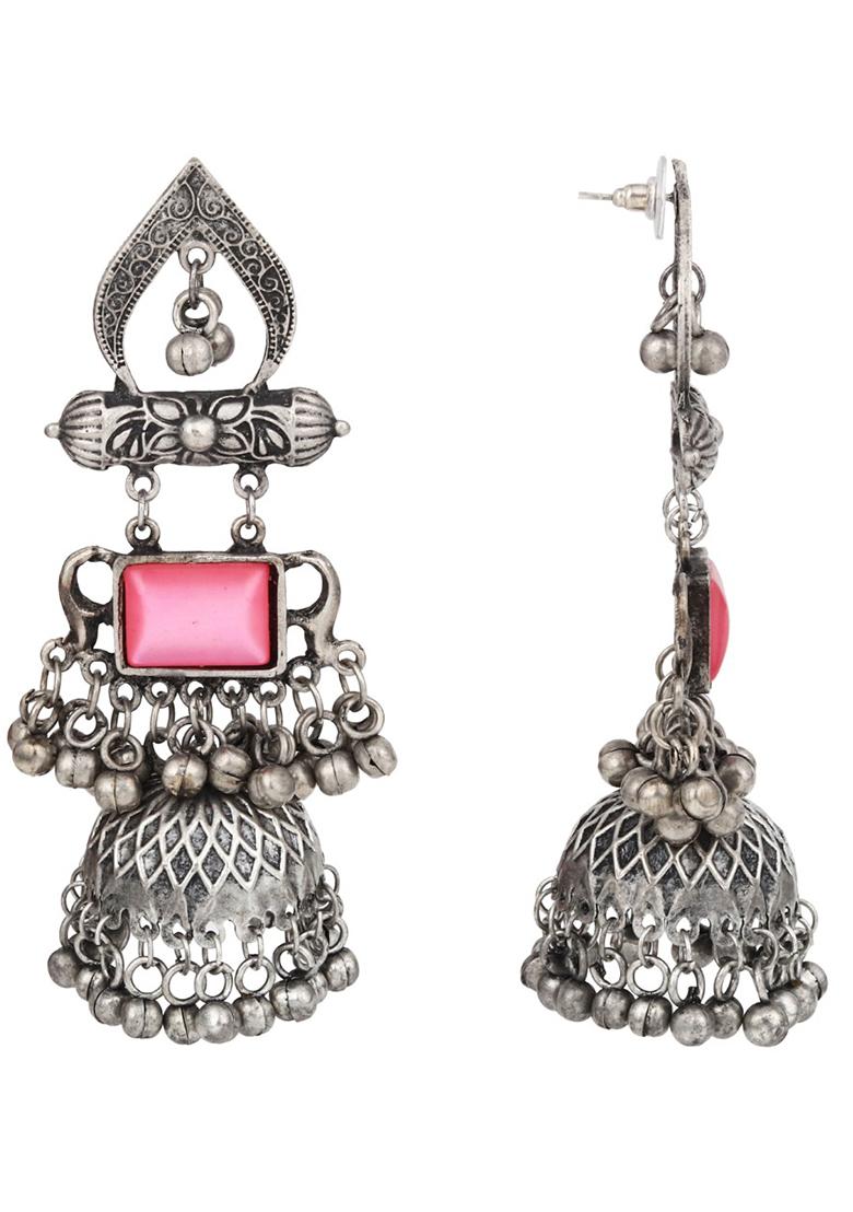 Silver Oxydised Lightweight Long Jhumka With Blue Stone  