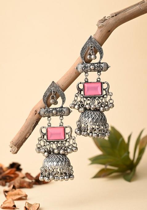 Silver Oxydised Lightweight Long Jhumka With Blue Stone  