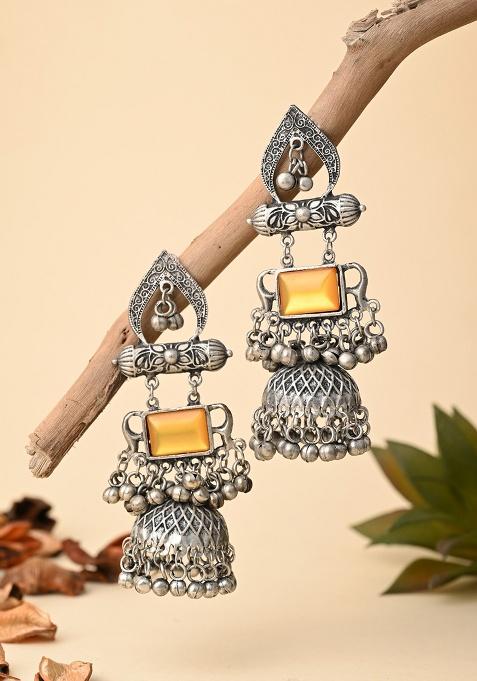 Silver Oxydised Lightweight Long Drop Earring With Yellow Stone