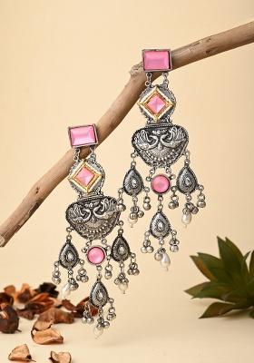 Silver Oxydised Lightweight Long Drop Earring With Yellow Stone  