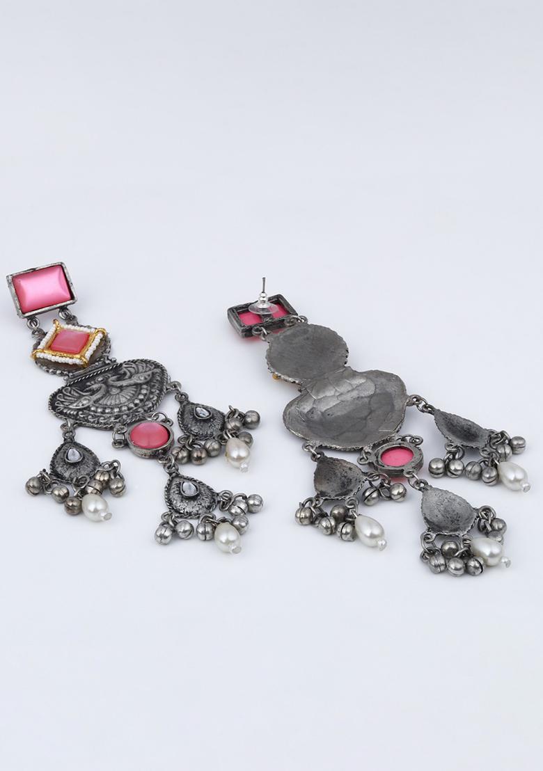 Silver Oxydised Lightweight Long Drop Earring With Yellow Stone  