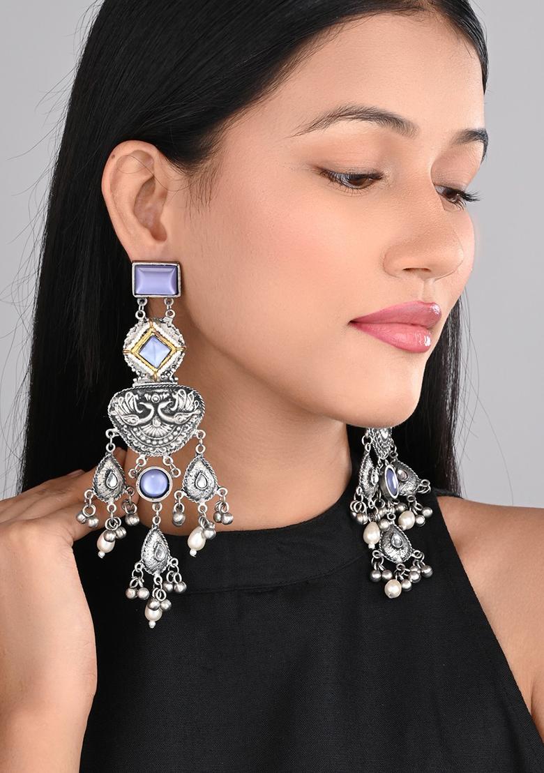 Silver Oxydised Lightweight Long Drop Earring With Blue Stone