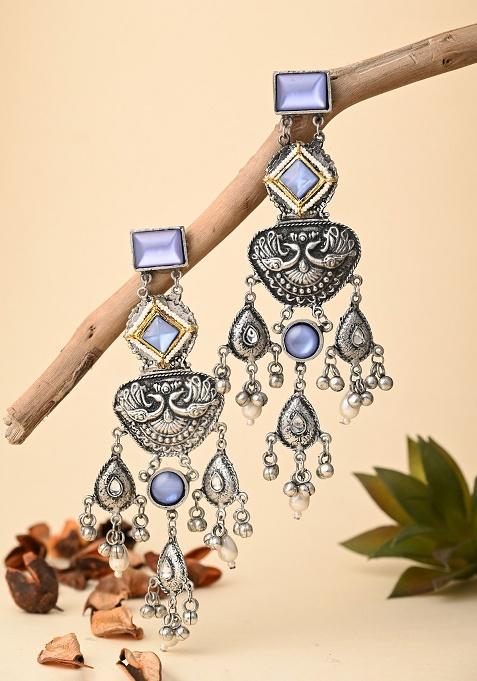 Silver Oxydised Lightweight Long Drop Earring With Blue Stone