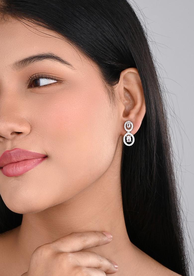 Rhodium Plated Oval Drop Earring  