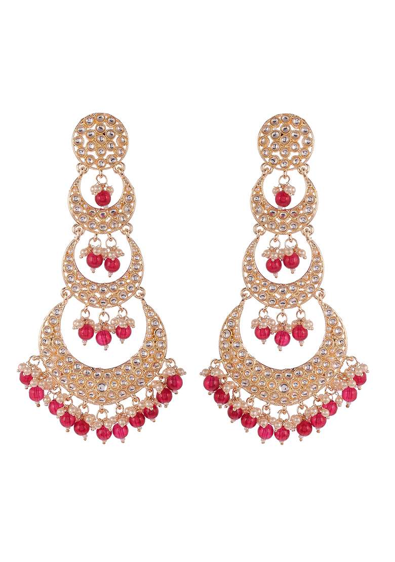 Gold Plated Kundan Studded Layered Statement Earrings - Indya