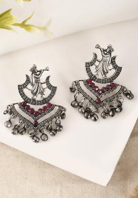 Oxidised Silver Trumpet Playing Design Drop Earrings