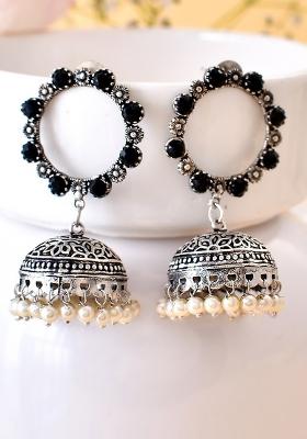 Oxidised Silver Black Stones Round Shaped Jhumki Earrings