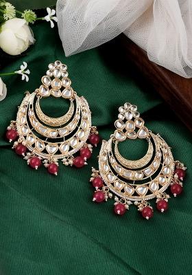 Goldplated Kundan Stones Dark Pink Drops Classic Chandbalis Earrings