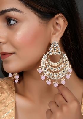 Goldplated Kundan Stones Light Pink Drops Classic Chandbalis Earrings