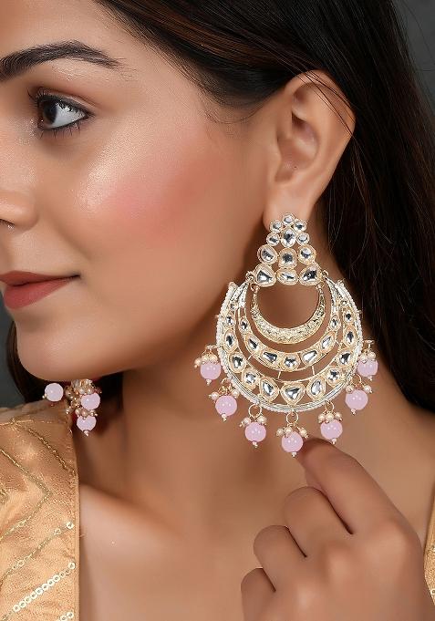 Goldplated Kundan Stones Light Pink Drops Classic Chandbalis Earrings